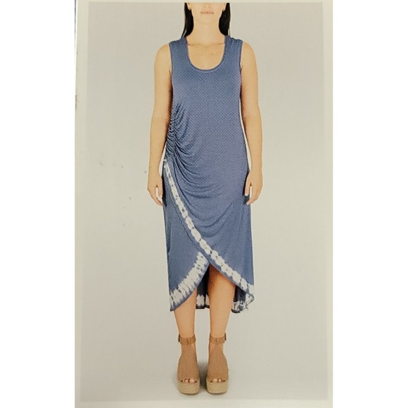 Seven7 Women SzL Cascade Hem Blue Dress Aztec Tie Dye Boho Beach Summer Festival - Picture 1 of 8